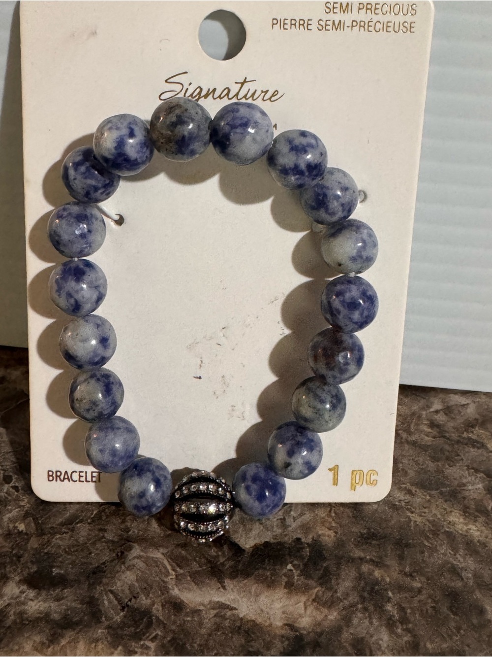 Bead Landing Blue and White Sodalite Stretch Bracelet with Rhinestone Accent